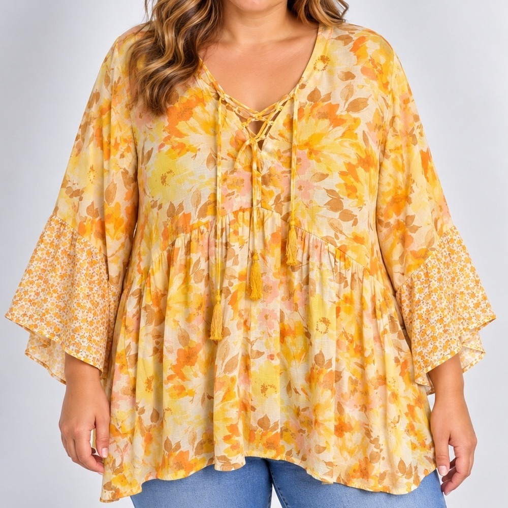 Plus Size 18 20W Floral Peasant Tunic Rayon Bell Sleeve Boho Babydoll Blouse